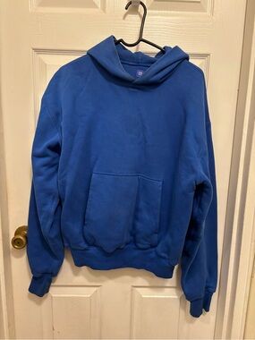 YZY GAP 100% Cotton Double Layer Men Blue Hooded Pullover Sweatshirt Pocket Sz M